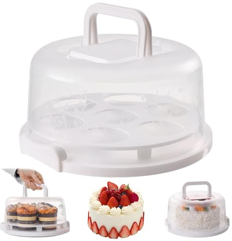 Porte-Gâteaux Rond Portable KYEQATY, 8 Pouces, Blanc, Éco-Friendly, Verrouillage Sécurisé, Poignée Ergonomique, 25x25x13 cm