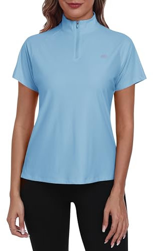 MoFiz Damen Rash Guard UPF 50+ UV Sonnenschutz T-Shirt Leicht Badeshirt Schwimmshirt mit 1/4 Reißverschluss Hellblau L