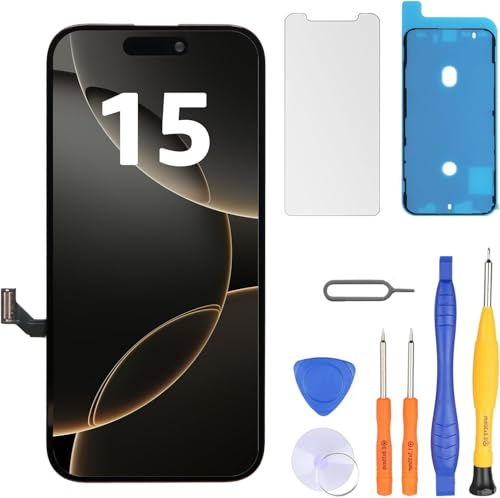 LL TRADER Display für iPhone 15, 6.1 LCD Ersatzbildschirm und Kits | Retina FHD 3D Touch Digitizer Rahmenmontage mit Wasserfestem Klebeband und Displayschutzfolie (True Tone Programmierbar)