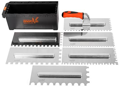 MIVOS Maurerkellen Set mit abnehmbarem Griff und Transportbox - 6, 8, 10, 12mm, U-Typ, Tiger-Typ - 6 Zahnglättekellen - Edelstahl Glättekellen mit Softgriff - Fliesenkelle - Traufel