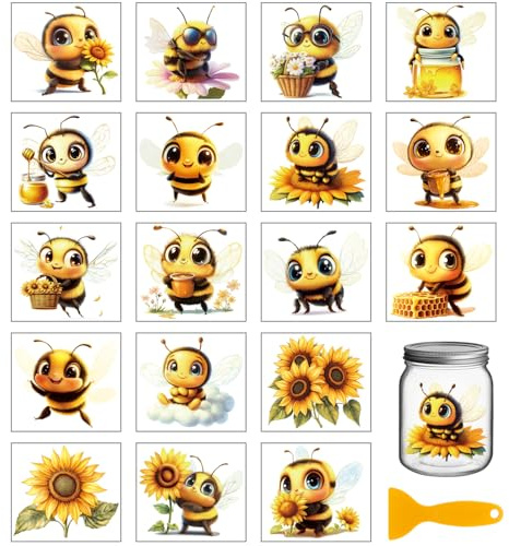 GLOBLELAND 18 hojas lindas abeja girasoles frotar pegatinas de | 10 × 9 cm, incluye deslizador de transferencia en frío, sin calor, Kawaii, estética, diseño de insectos para álbumes de