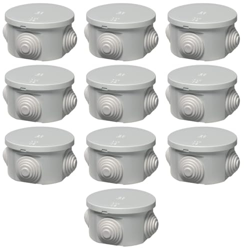 Lot de 10 boîtes de jonction extérieures IP44 ronde diamètre 65 x 35 mm, boîte de jonction pour système électrique, étanche, passe-câbles, gris, couvercle sous pression, idéal pour les installations