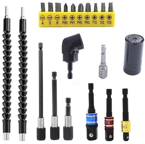 Flexible Drill Bit Extension & Universal Socket Wrench Tool Set, 105° Right Angle Drill Attachment, 1/4 3/8 1/2 Universal Socket Adapter Set, 3Pcs Screwdriver Bit Holder & Screwdriver Bit Kit