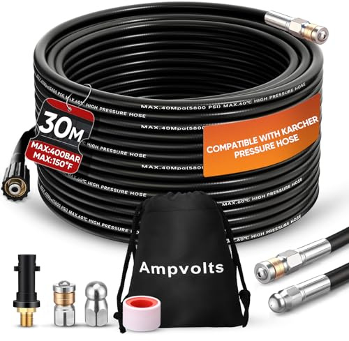 Ampvolts 30m Drain Cleaning Hose Set–400 Bar/5800 PSI, Compatible with Karcher K2 K3 K4 K5 K6 K7 Pressure Washers, Premium Pipe and Drain Cleaning Kit, 2 nozzles