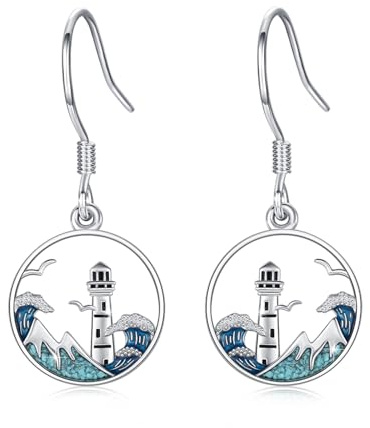Leuchtturm Ohrringe 925 Sterling Silber mit Türkis Nautische Ohrhänger mit Wellen Design Hypoallergen Geschenk für Frauen Maritime Schmuck 15 mm Durchmesser