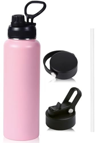 Insulated Water Bottle, 650ml Stainless Steel Water Bottle with 3 Lids (Straw Lid & Spout Lid & Flat Lid), Double-Walled Vacuum Bottles Leakproof Drink Flask for Travel Sports Gym Hiking (Pink)
