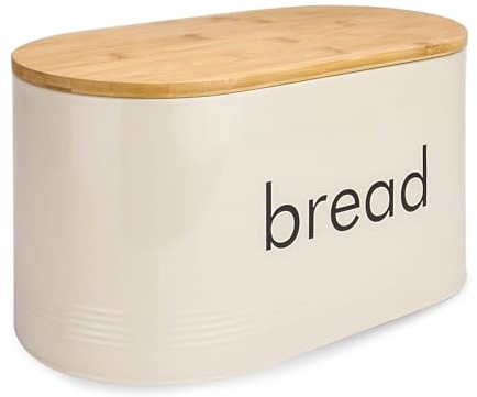Cream Bread Bin with Bamboo Chopping Board Lid, Countertop Kitchen Storage | Bread Tin with Lid that Doubles as a Cutting Board - Breadbin Storage Keeps Loaves, Pastries, Rolls and Bagels Tidy