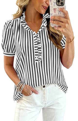 MASCOMODA Womens Puff Short Sleeve Summer Tops Striped Plaid Ruffle V Neck Button Down Shirts Business Casual Work Blouses(Striped Black,Small)