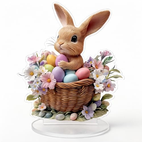 Påskdekoration i akryl 2D – påskhare i äggkorg med blommotiv, transparent akryldekoration med stativ, bordsdekoration för vardagsrum, byrå och fönsterbräda, vårdekoration