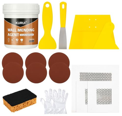 KURUI Drywall Repair Kit, 8.8oz Spackle Wall Repair Paste with Scraper, 6 Sandpaper Sheets & Self Adhesive Dry Wall Patch Kits, Easy Hole Filler for Drywall, Plaster and Home Repair