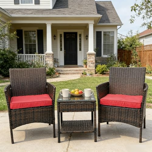 3 Piece Patio Furniture Set Outdoor PE Rattan Wicker Chair with Soft Cushion and Glass Coffee Table for Garden Backyard Porch Poolside (Brown/Red)