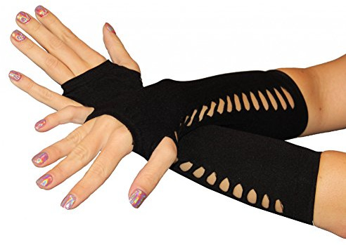 Foxxeo Lange Schwarze Handschuhe für Damen Damenhandschuhe schwarz löcher sexy Punk Steampunk Burlesque Karneval Fasching fingelose Halloween Netzhandschuhe fingerlos Hände