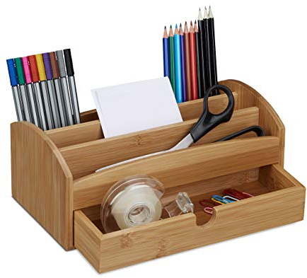 Relaxdays Schreibtischorganizer aus Bambus, Multiköcher mit 4 Fächern und Schublade, natürliche Maserung, HBT: ca. 11 x 27,5 x 15 cm, natur