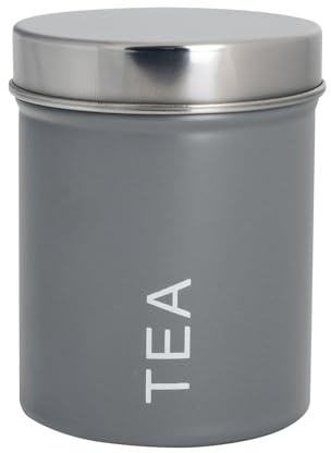 Harbour Housewares Metal Tea Storage Canister - Grey - 1x Round Retro Food Storage Canister Tea Bag Caddy Food Preservation Container Tin with Airtight Fit Lid for Kitchen Organisation & Home Décor