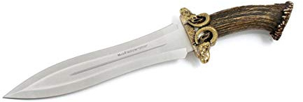 Muela Cuchillo Muflon MUFLON-26L hoja de acero ACX-380 de 26 cm y empuñadura de asta de ciervo para Caza, Pesca, Supervivencia y Bushcraft Realizado en Ciudad Real + Portabotellas de regalo