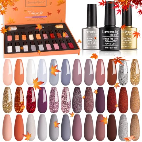 Lavender Violets 21 Stück Gel Nagellack Set Glitzer Rot Gold Shellac Nude Grau Orange Gelb RoseFarben UV LED Soak Off Base,Matte,Top Coat Unter- & Überlacke Maniküre Kits Nägel F987