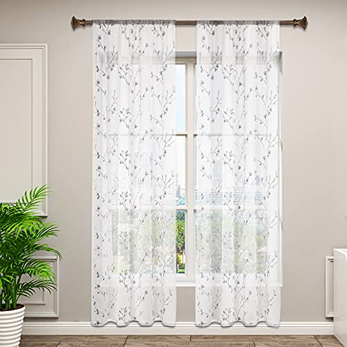 WOLTU 2er Set Gardinen, Vorhänge für Wohnzimmer Kinderzimmer Schlafzimmer, mit Kräuselband, Leinenoptik, Halbtransparent Voile, 140 x 245 cm, Grau