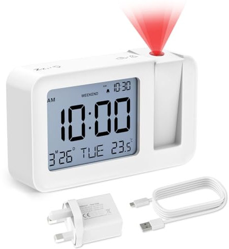 CHEREEKI Projection Alarm Clock, Digital Projector Clock Mains Powered Bedside with Big Digit Display, Indoor Temperature Display, Snooze, 4 Adjustable Brightness for Bedroom, Home (White)