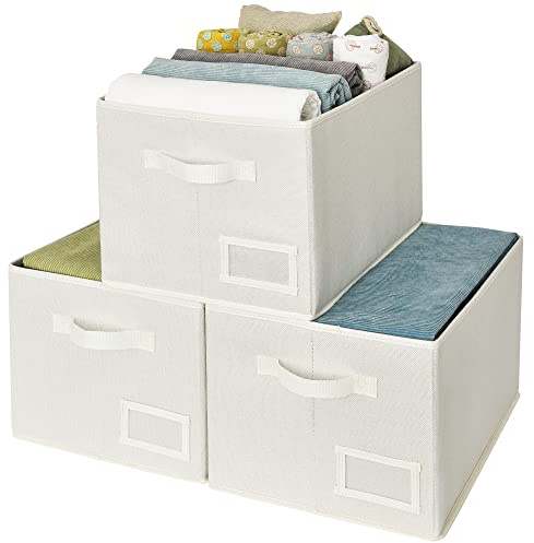 GRANNY SAYS Cloth Storage Bin with Label Holder, Closet Organizers and Storage Shelves, Sweater Storage Boxes for Closet Room, Storage Baskets for Organizing, Pearl White, Large, 3-Pack