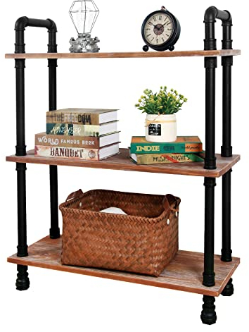 HouseAid 3 Tier Industrial Pipe Etagere Bookcase, Rustic Farmhouse Standing Shelf, Real Pine Wood Open Shelves for Living Room, Bathroom and Kitchen, Wall Mounted, Matte Black (39.4”×31.5”×11.8”)