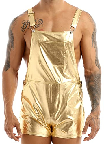 Aiihoo Män metalliska hängselshorts kort jumpsuit sommar overall hotpants glänsande hängslen shorts klubbkläder fest festival kostym, Guld, XXL