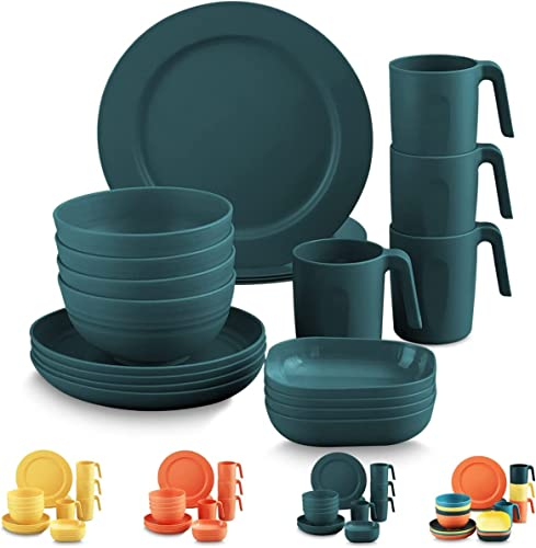 Kyraton Kunststoff Geschirrset 20 Stück, Unzerbrechliche Leichte Teller Set Becher Schüsseln Camping Geschirr Leicht zu Tragen und zu reinigen Geschirrspüler Safe Service Für 4 2. Dunkelgrün