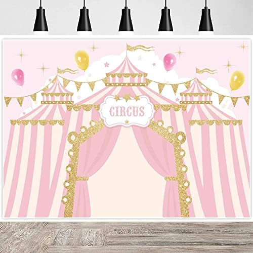 Rose Cirque Toile de Fond Carrousel Grand chapiteau de Fond Fille Fête d'anniversaire Dessert Gâteau de Table, Décor de Douche de Bébé Bannière 240X180cm