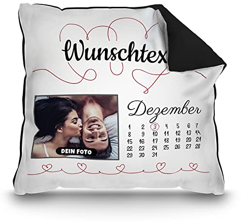 Print Royal PR Kissen Kalender selbst gestalten - mit anpassbarem Jahrestag, Text & Foto Bedrucken - Geschenk Valentinstag, Jahrestag, Paar, Liebe | inkl. Füllung, Rückseite Schwarz, 40 x 40 cm