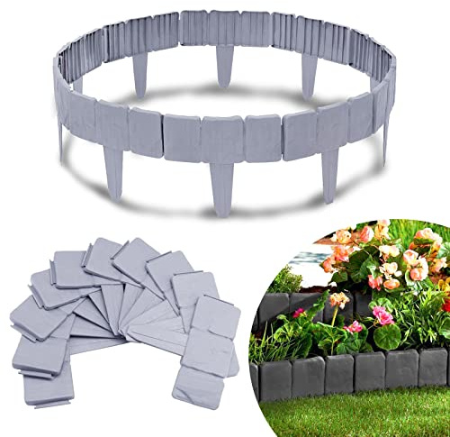 VA-Cerulean Rasenkante Kunstoff, Flexibler Steinoptik Beeteinfassung 5M, PP Beetumrandungen mähkante, Palisade für Blumen Gartenzaun decorativ, L25xH23cm, 20 Stücke, Grau