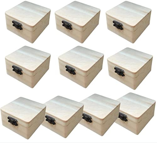 Kleine Holzkiste mit Deckel & Schloss, Natur Aufbewahrungskiste Bastel & Geschenkkiste,Holz-Schatzkisten, 10er Set auch zum Bemalen, Holztruhen, Schatzkiste, Schmuckkästchen, 8 * 8 * 4,5 cm (ca.)