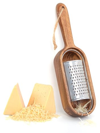 Wooden Cheese Grater with Handle, Rustic Brown Cheese Shredder with Storage Space, Handheld Kitchen Graters for Cheese Lemon Chocolate (Dropping Handle)