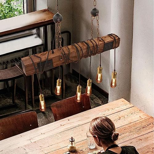 AIAO Pendelleuchte Holzbalken Esstisch Hängelampe Industrial Restaurant Pendellampe Vintage Hängeleuchte 80cm 6-Flammige Lampen Für E27 Retro Esstischlampe Hängend Für Wohzimmer Bar Küche,Ohne Birne