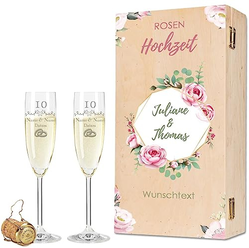 GRAVURZEILE Leonardo Sektgläser mit Gravur - Rosenhochzeit 10 Jahre - Personalisiert mit Namen & Datum inkl. Holzkiste - Geschenk zur Hochzeit Verlobung Jahrestag - Farbe: Sekt