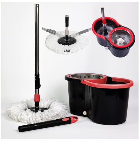 Meridiana - Spin mop Lavapavimenti Con Sistema di Strizzatura Manuale attivabile attraverso il Manico, Set per la Pulizia dei Pavimenti con Secchio e Cestello in ACCIAIO INOX, Panno 100% Microfibra