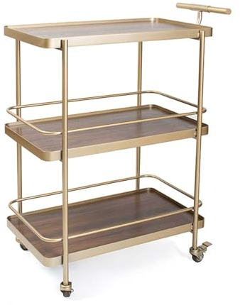 Barwagen für zu Hause 3-stufiger Hotel-/Restaurant-Barwagen mit Rädern und Griff, Küchenservicewagen for Dessertgetränke, Kaffee-Barwagen aus Metall/Holz, Heimküchendekoration Mobiler Bar-Servierwagen