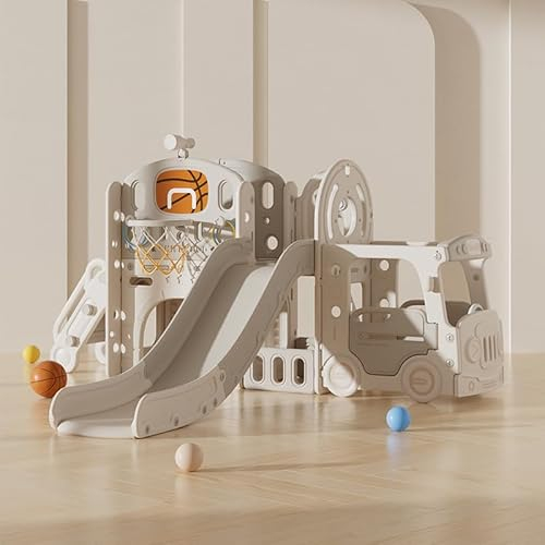 Zkiprm 5-in-1 Kinderrutsche für draußen & innen | Extra Lange Rutsche (200 cm) mit Basketballkorb, Fußballtor, Mini-Bus & Treppe | Outdoor & Indoor Spielgerät| Gartenrutsche & Hausrutsche (Grau)