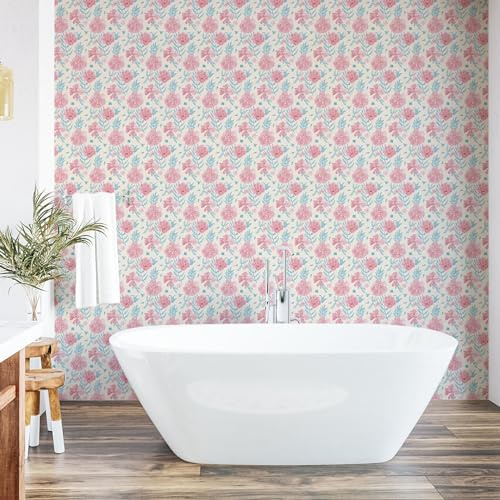 Ambesonne Floral Peel & Stick Wallpaper for Home, Flowery Meadow Romantic Stories Peonies Pansies Wild Daisies Garden, Self-Adhesive Living Room Kitchen Accent, 33 cm x 180 cm, Ruby Beige Sea Blue
