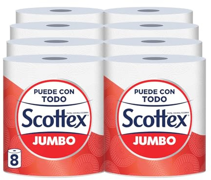 Scottex Jumbo Papel de cocina 8 rollos, eficacia multiusos con envase reciclable y fibras FSC