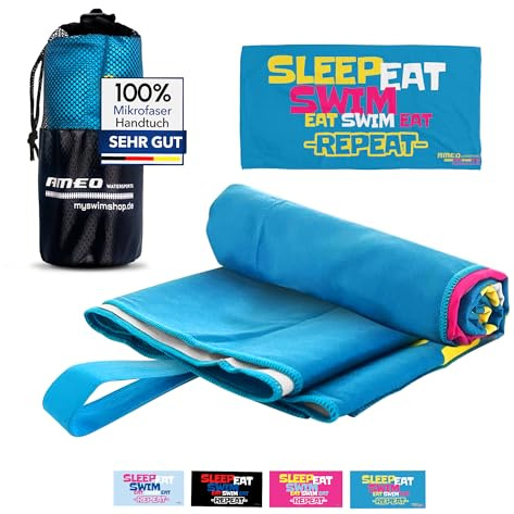 AMEO Mikrofaser-Handtuch Sleep EAT Swim Repeat 160 x 80 cm - Atlantic Blue | Ultraleicht, saugfähig & schnelltrocknend – Microfiber Towel inkl. Netztasche für Schwimmen, Reisen & als Sporthandtuch