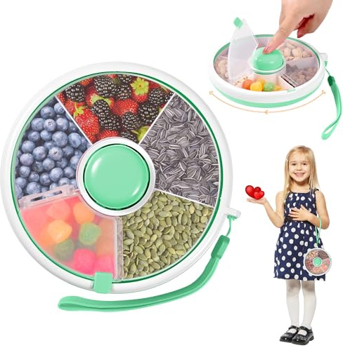 Runde Snackbox für Kinder mit 5 Fächern, drehbar, mit Deckel | Per Knopfdruck zum nächsten Fach: für verschiedene Snacks und leicht mitzunehmen bei Ausflügen, Pausen oder unterwegs