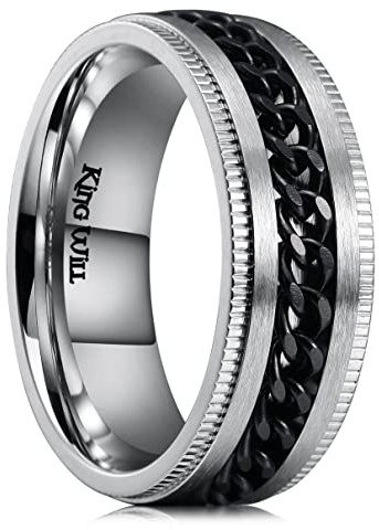 King Will Intertwine 8 mm Spinnerring für Männer, Edelstahlring für Männer, Zappelring, Angstring mit schwarzem Kettenring, Größe 54–70 (17–22)