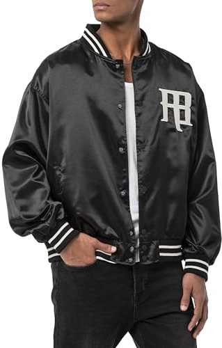 Redbridge Chaqueta universitaria con aspecto satinado – Elegante chaqueta Varsity con bordado y botones a presión, Negro , L
