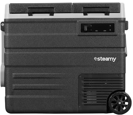 Steamy-E Dual Zone 65 Roller, Elektrische Kompressor Kühlbox mit Rollen, 57 Liter, 12V/ 230V, zum Warmhalten und Kühlen, Für Camping, Schwarz