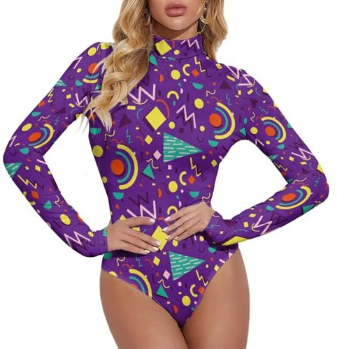 Novastar Langarm-Body für Damen – Retro-Stil der 80er-Jahre-Stil, Body Suits Tops, Jumpsuit für Damen, Bauchkontrolle