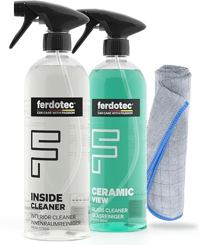 FERDOTEC Juego de limpieza para interior de coche, limpiador de cristales y sellador de cristales (2 x 750 ml) + paño de microfibra limpiador de coche para plástico, cuero, Alcantara, limpiador de
