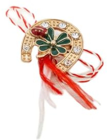 Glücks-Hufeisen Martisor Brosche, traditioneller rumänischer Frühlings-Charm mit roter und weißer Schnur, Marienkäfer- und Kleeblatt-Design