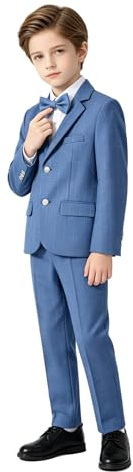 LOLANTA 3-Piece Boys' Dusty Blue Plaid Suit Set, Page Boy Wedding Outfit with Blazer, Trousers & Bow Tie(Dusty Blue,11-12 Years,Tag 150)