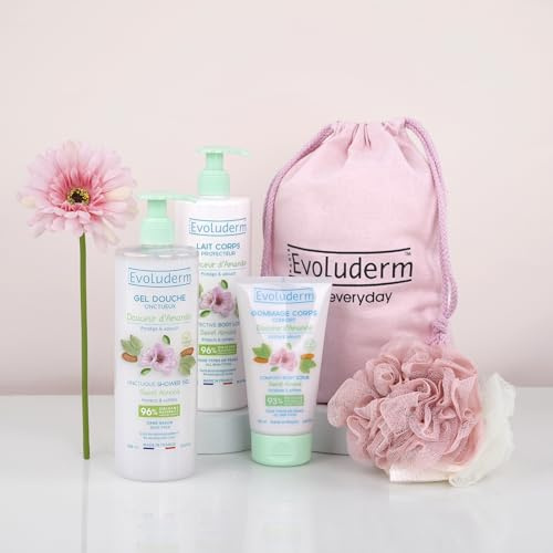 EVOLUDERM - Pochon Corps Douceur d'Amande - Fête des Mères - 3 produits - Idée Cadeau - Anniversaire - Fête des Mères