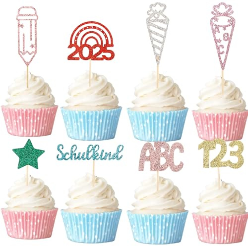 Gleevio Schulkind 2026 Tortendeko Einschulung Cupcake Topper,24Stk Glitzer Einschulung Deko Torten,Bunt Kuchendeko Schulanfang,Tortendeko Schulkind 2026 Junge Mädchen,Schulanfang Muffin Deko Schultüte