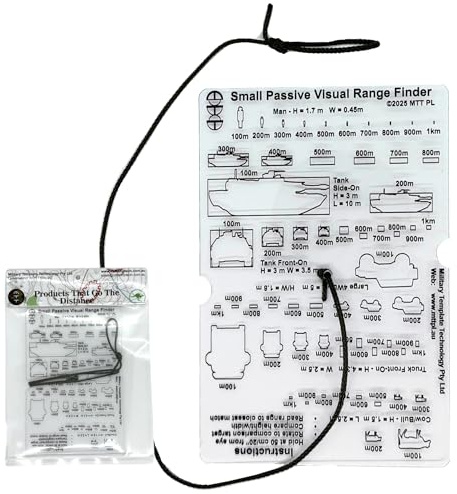 Passiv Visuell Avståndsmätare — 15×10 cm | 5 Måltyper | Man, 4x4, Lastbil, Stridsvagn, Ko | Ingen Laser | 50 cm Snodd | Fickformat | Tillverkad i Australien